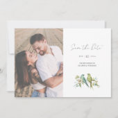 Blauw Groene Vogels Waterverf Trouwfoto Save The Date (Voorkant)