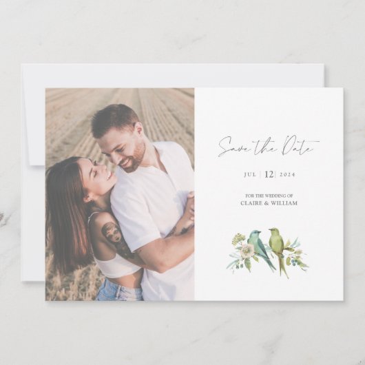 Blauw Groene Vogels Waterverf Trouwfoto Save The Date (Voorkant)