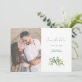 Blauw Groene Vogels Waterverf Trouwfoto Save The Date (Staand voorkant)