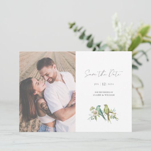 Blauw Groene Vogels Waterverf Trouwfoto Save The Date (Staand voorkant)