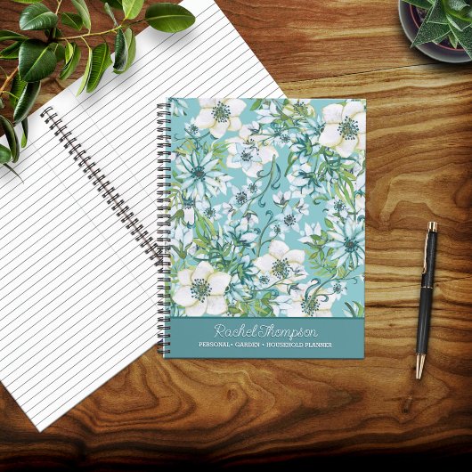 Blauw/Groene Waterverf Bloemen Gepersonaliseerd Notitieboek