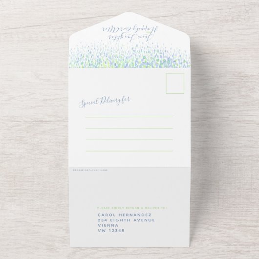 Blauw groene waterverf douchen verlate bruiloft all in one uitnodiging (Buitenkant)