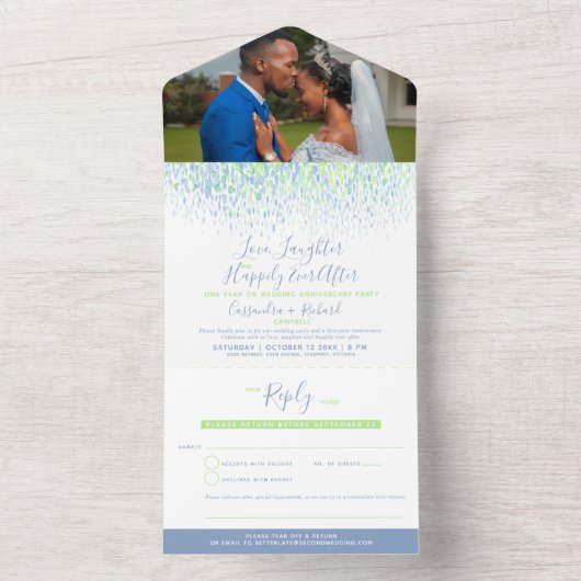 Blauw groene waterverf douchen verlate bruiloft all in one uitnodiging (Binnen)