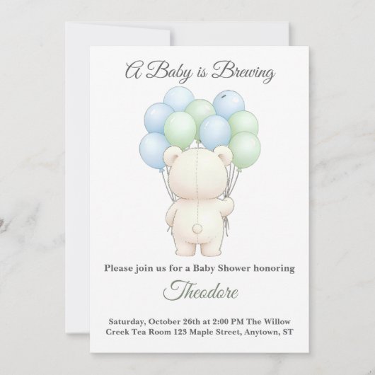Blauw groene waterverf teddybeer thema uitnodiging (Voorkant)