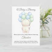 Blauw groene waterverf teddybeer thema uitnodiging (Staand voorkant)
