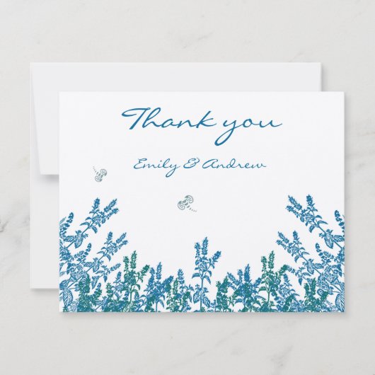 Blauw Groene Wilde Bloem Bij Bruiloft RSVP Bedankkaart (Voorkant)
