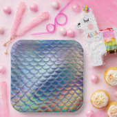 Blauw Groene Zeemeermin Vis Schalen Holografische  Papieren Bordje (Feest)