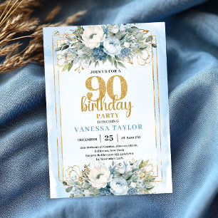 Blauw Groenery Goud Glitter 90ste Verjaardagsuitno Kaart