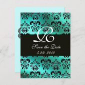 BLAUW GROENTURQUOISE DAMASKLOTH, WITTE MONOGRAM AANKONDIGINGSKAART (Voorkant / Achterkant)