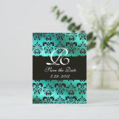 BLAUW GROENTURQUOISE DAMASKLOTH, WITTE MONOGRAM AANKONDIGINGSKAART (Staand voorkant)
