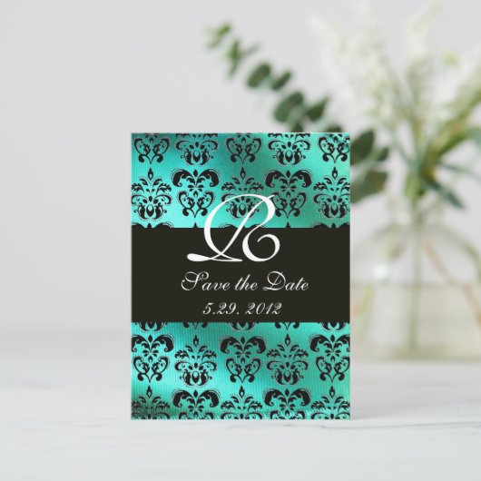 BLAUW GROENTURQUOISE DAMASKLOTH, WITTE MONOGRAM AANKONDIGINGSKAART (Staand voorkant)