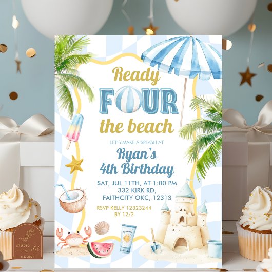 Blauw Groovy Klaar VOOR het Strand 4e Verjaardag Kaart