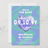 Blauw Groovy Trendy Modern Disco Heart Foto Save The Date (Voorkant)