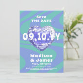 Blauw Groovy Trendy Modern Disco Heart Foto Save The Date (Staand voorkant)