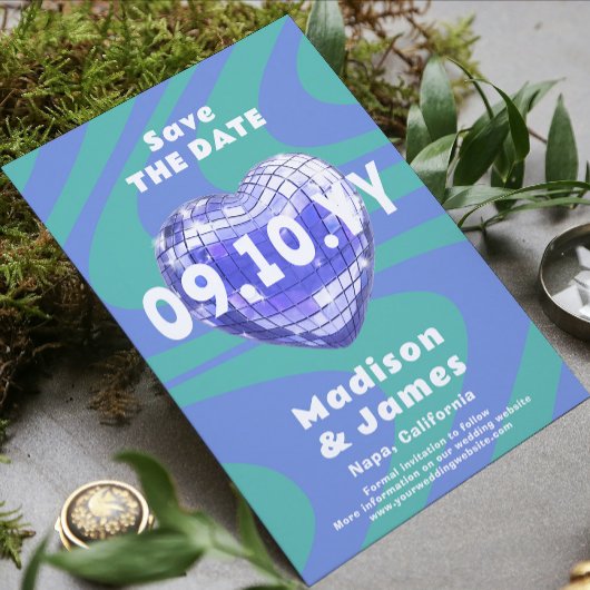 Blauw Groovy Trendy Modern Disco Heart Foto Save The Date