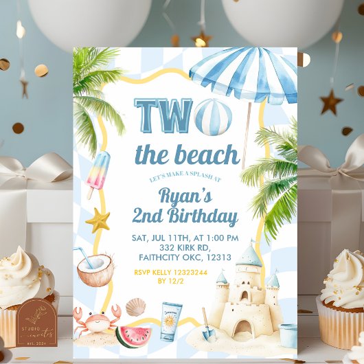Blauw Groovy Twee naar het Strand 2e Verjaardagsfe Kaart