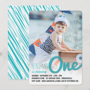 Blauw Grote Schets Één Baby Jongen Eerste Verjaard Kaart