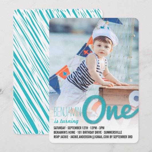 Blauw Grote Schets Één Baby Jongen Eerste Verjaard Kaart (Voorkant / Achterkant)