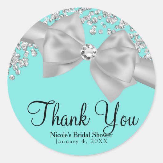 Blauw grote witte boog diamanten bruids douche ronde sticker (Voorkant)