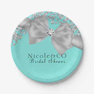 Blauw Grote Witte Boog Diamanten Glam Feestje Papieren Bordje