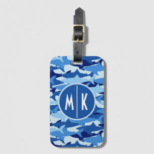 Blauw haaienpatroon   Monogram Bagagelabel