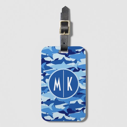 Blauw haaienpatroon | Monogram Bagagelabel (Voorkant (verticaal))
