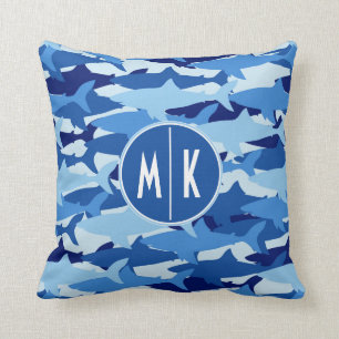 Blauw haaienpatroon Monogram Kussen