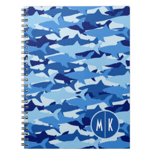 Blauw haaienpatroon   Monogram Notitieboek