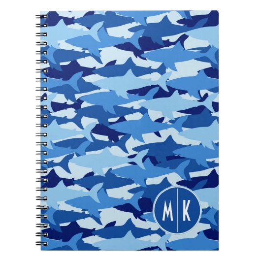 Blauw haaienpatroon | Monogram Notitieboek (Voorkant)