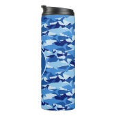 Blauw haaienpatroon | Monogram Thermosbeker (Geroteerd rechts)