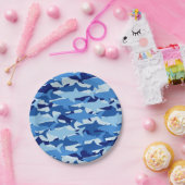 Blauw haaienpatroon papieren bordje (Feest)