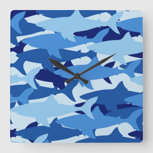 Blauw haaienpatroon vierkante klok (Voorkant)