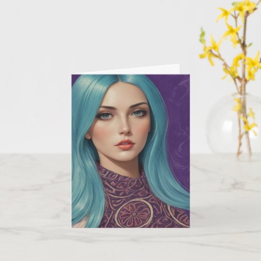 Blauw haar AI art blanco binnen alle gelegenheden Kaart (Gele Bloem)