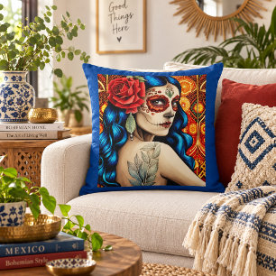 Blauw haar Catrina vrouw met rode roos volkskunst Kussen