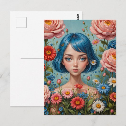 Blauw haar en bloemen briefkaart (Voorkant / Achterkant)
