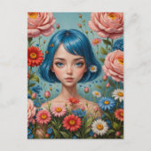 Blauw haar en bloemen briefkaart (Voorkant)