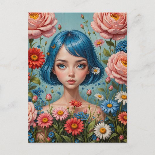Blauw haar en bloemen briefkaart (Voorkant)