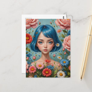Blauw haar en bloemen briefkaart