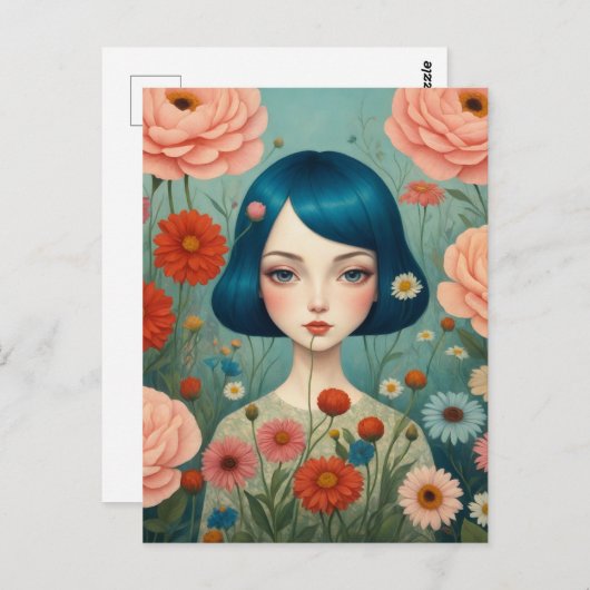 Blauw haar en bloemen briefkaart (Voorkant / Achterkant)