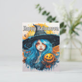 Blauw haar heks illustratie | Happy Halloween Briefkaart (Staand voorkant)