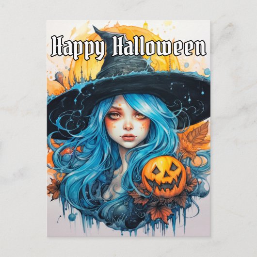 Blauw haar heks illustratie | Happy Halloween Briefkaart (Voorkant)