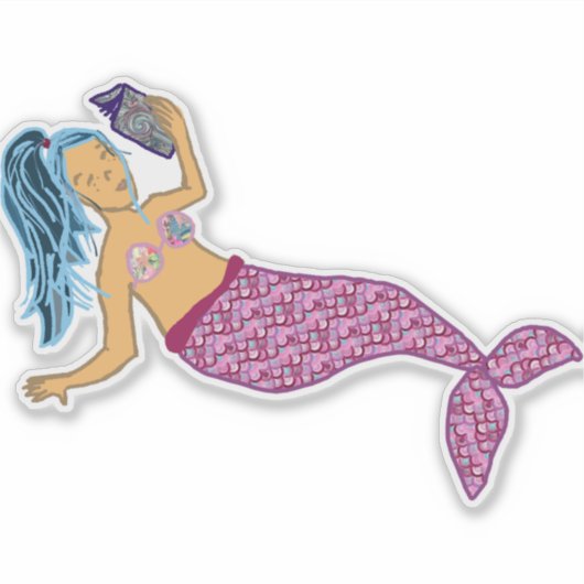 Blauw Haar, Roze Staart Zeemeermin Lezen Sticker (Voorkant)