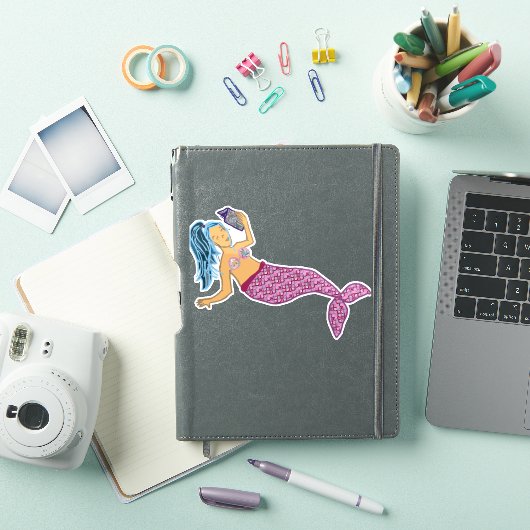 Blauw Haar, Roze Staart Zeemeermin Lezen Sticker (iPad Cover)