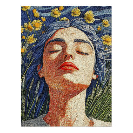 Blauw Haar Vrouw Gele Bloemen Getextureerd Portret Perfect Poster