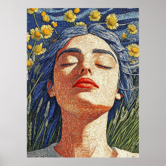 Blauw Haar Vrouw Gele Bloemen Getextureerd Portret Poster