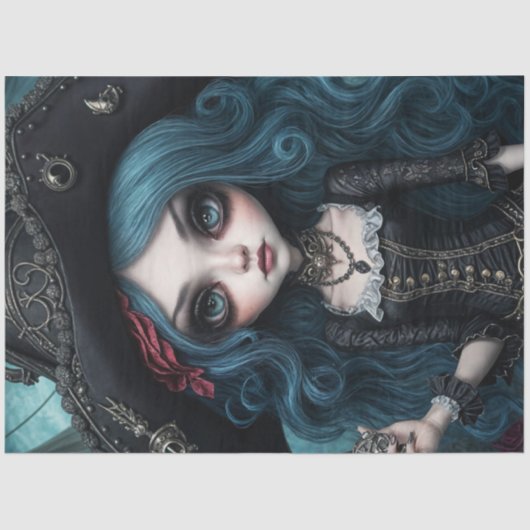 Blauw Haired Disheveled Pirate Girl Decoupage Papi Tissuepapier (Voorkant)