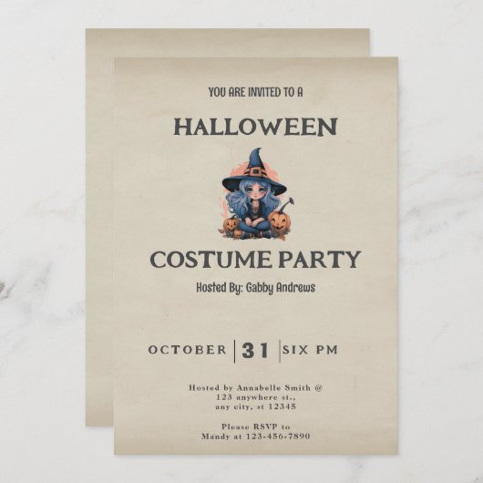 Blauw Haired Witch Halloween Kaart (Voorkant / Achterkant)