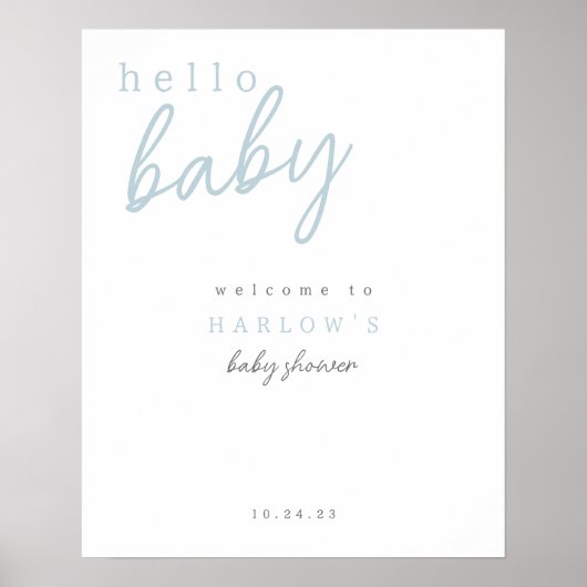 Blauw Hallo Baby Modern Baby shower Welkomstteken Poster (Voorkant)