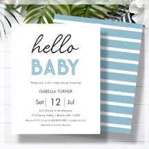 Blauw HALLO | BABY | Uitnodiging voor Baby shower
