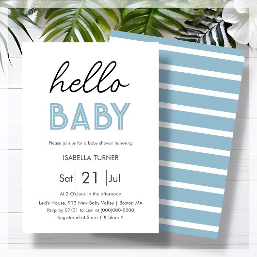 Blauw HALLO | BABY | Uitnodiging voor Baby shower